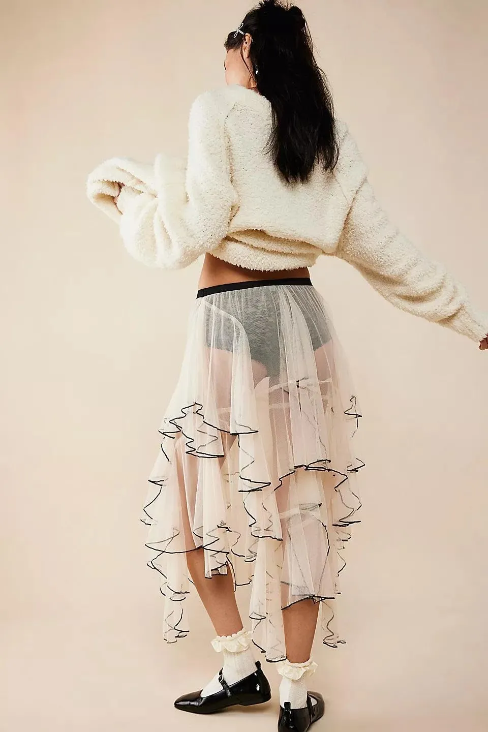 KMBANGI Womens Mesh Lace Long Skirt Asymmetrical Layered Ruffle Maxi Skirts Flowy Y2k See Through Midi Skirt Summer