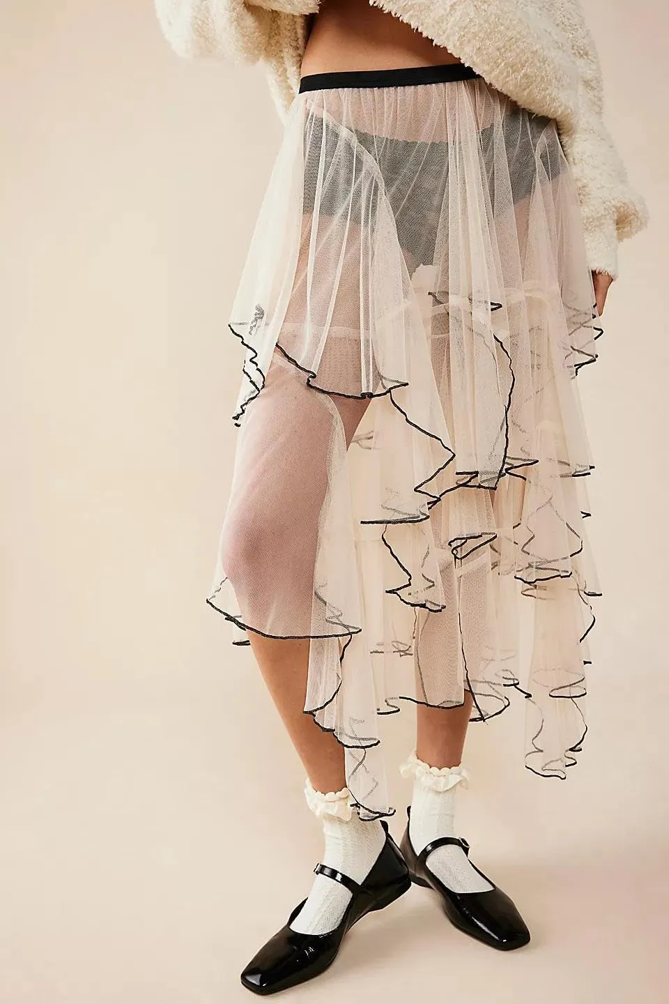 KMBANGI Womens Mesh Lace Long Skirt Asymmetrical Layered Ruffle Maxi Skirts Flowy Y2k See Through Midi Skirt Summer