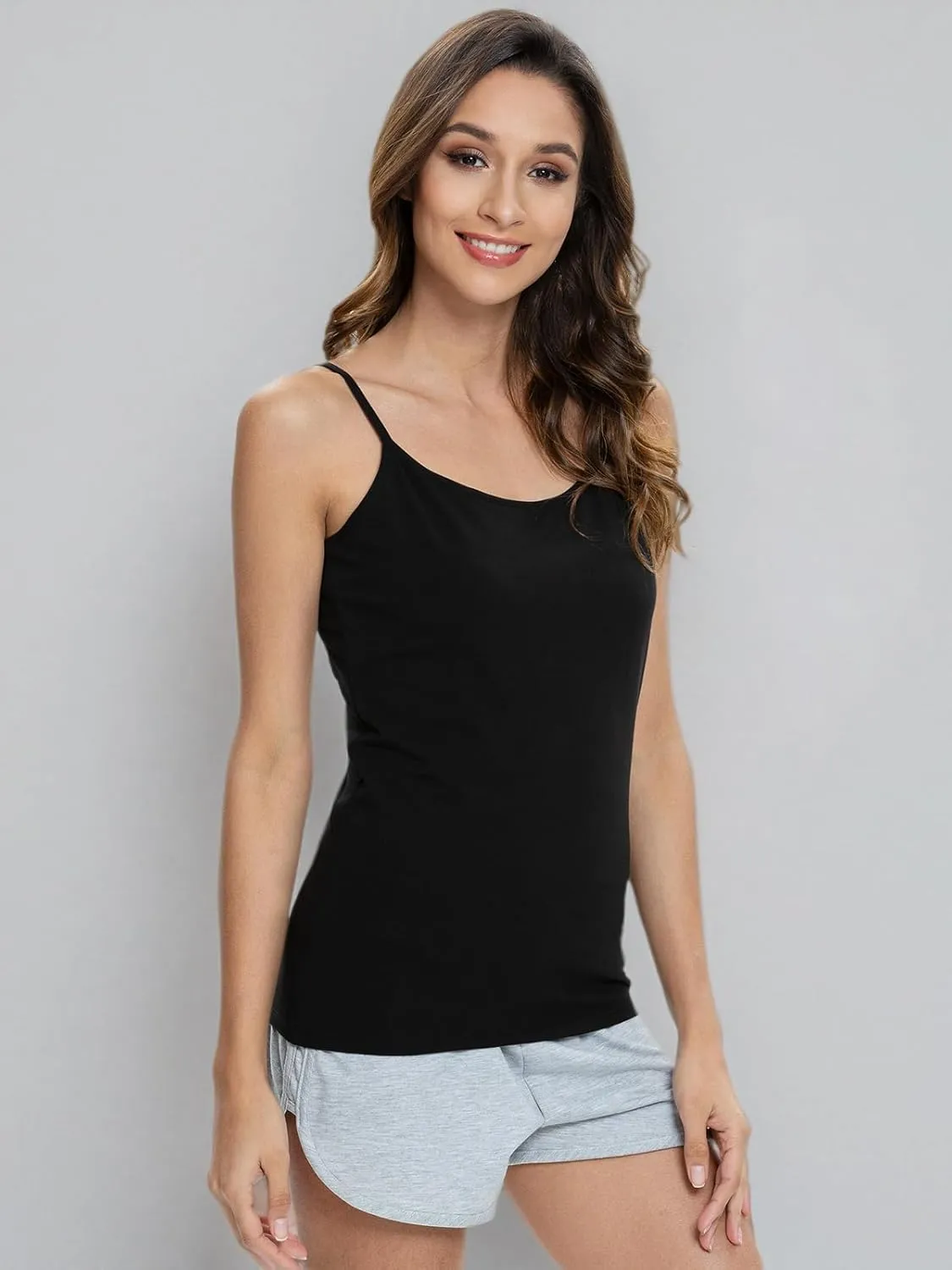 Knuffnee Womens Cotton Camisole with Shelf Bra Spaghetti Strap Tank Tops Adjustable Undershirt 3 Pack