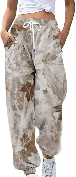 Kubbon Camo Sweats Pant for Women Wide Leg Camo Sweatpants Baggy High Waisted Drawstring Fleece Jogger Pants with Pockets