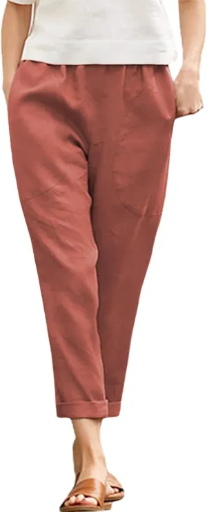 Langwyqu Womens Casual Cotton Tapered Capri Cargo Pants Loose Elastic Waist Ankle Cropped Trouser with Pockets