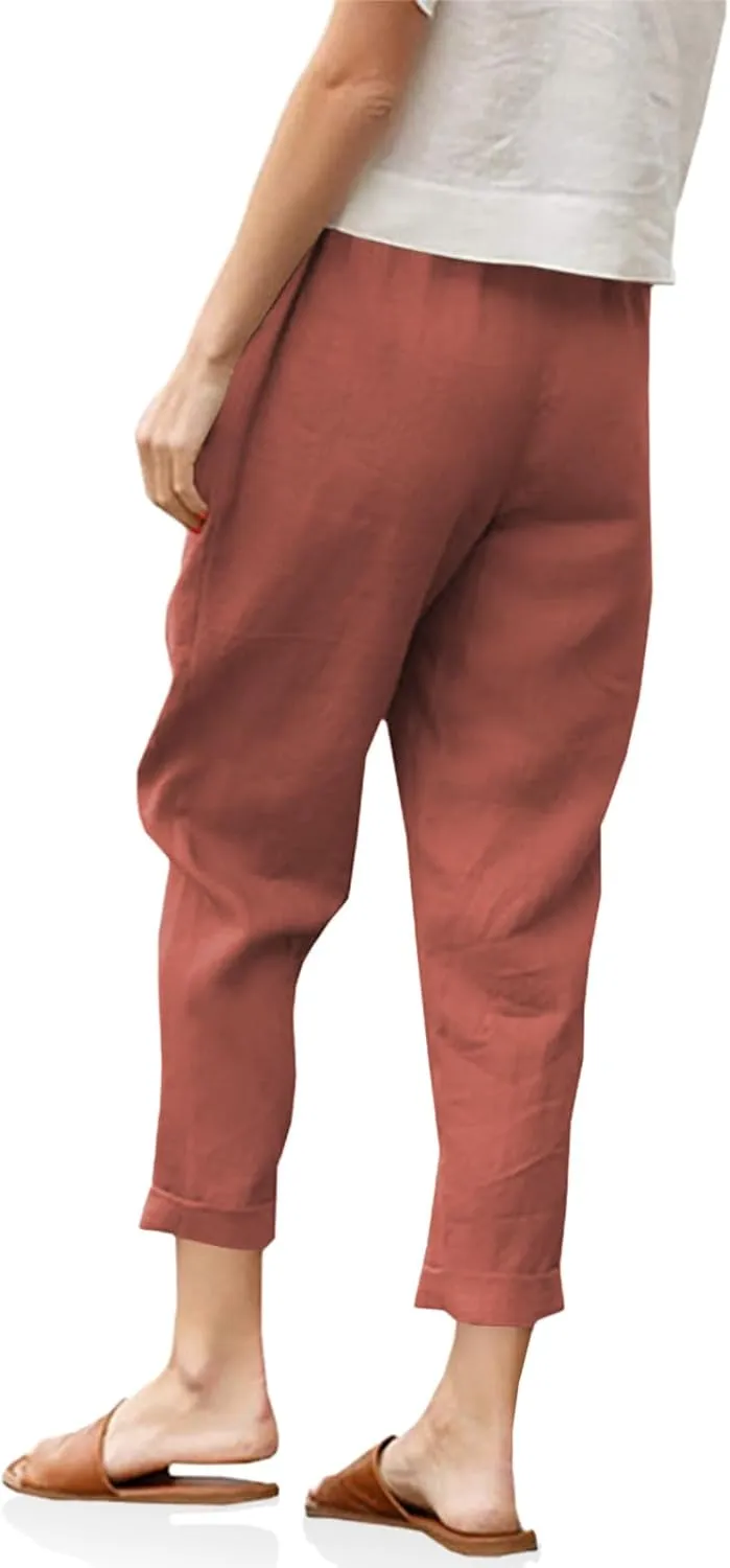 Langwyqu Womens Casual Cotton Tapered Capri Cargo Pants Loose Elastic Waist Ankle Cropped Trouser with Pockets