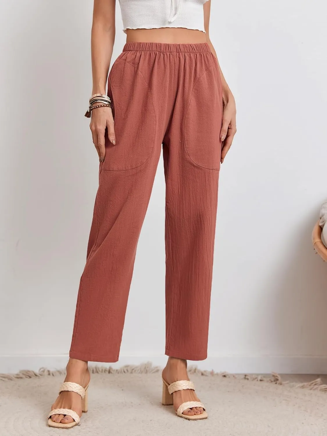 Langwyqu Womens Casual Cotton Tapered Capri Cargo Pants Loose Elastic Waist Ankle Cropped Trouser with Pockets