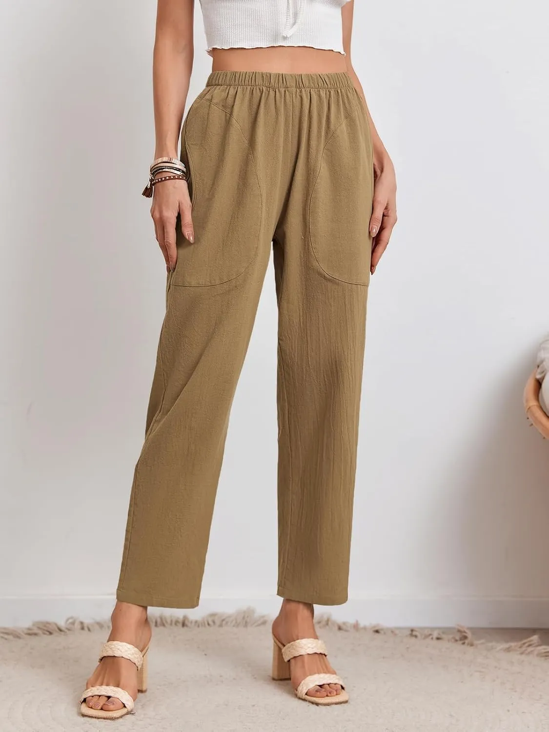 Langwyqu Womens Casual Cotton Tapered Capri Cargo Pants Loose Elastic Waist Ankle Cropped Trouser with Pockets