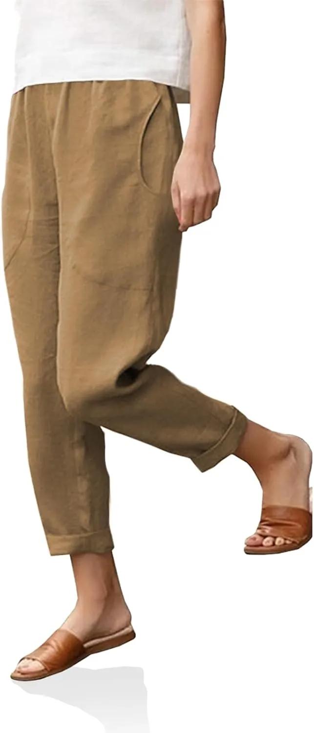 Langwyqu Womens Casual Cotton Tapered Capri Cargo Pants Loose Elastic Waist Ankle Cropped Trouser with Pockets