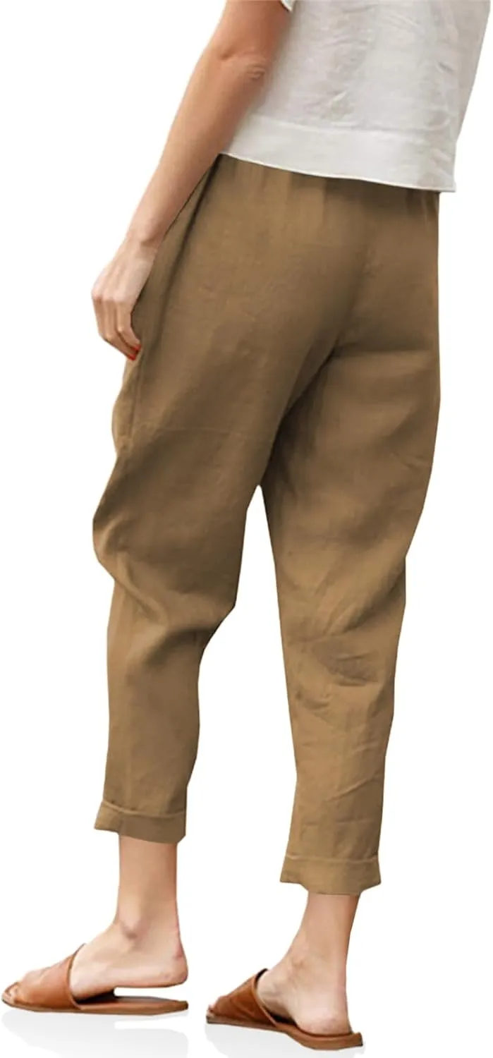 Langwyqu Womens Casual Cotton Tapered Capri Cargo Pants Loose Elastic Waist Ankle Cropped Trouser with Pockets