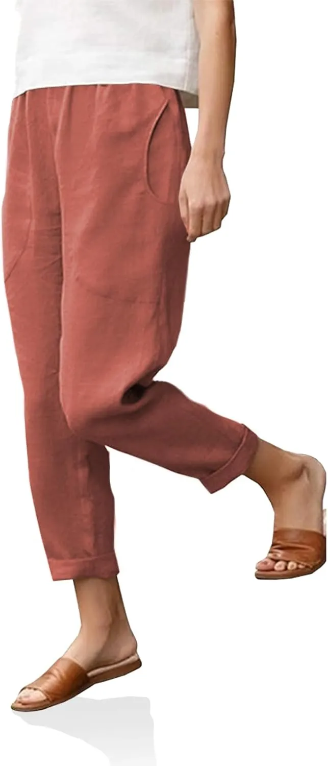 Langwyqu Womens Casual Cotton Tapered Capri Cargo Pants Loose Elastic Waist Ankle Cropped Trouser with Pockets