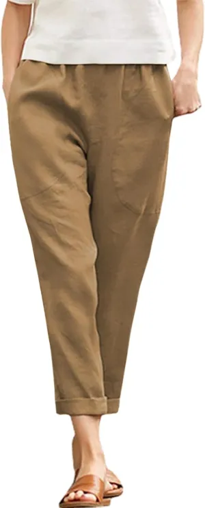 Langwyqu Womens Casual Cotton Tapered Capri Cargo Pants Loose Elastic Waist Ankle Cropped Trouser with Pockets