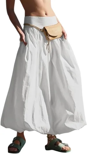 LAVASEON Women Ruffle Bubble Maxi Skirt Y2K High Elastic Waist A Line Pleated Summer Long Fair Skirt