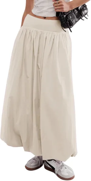 LAVASEON Women Ruffle Bubble Maxi Skirt Y2K High Elastic Waist A Line Pleated Summer Long Fair Skirt