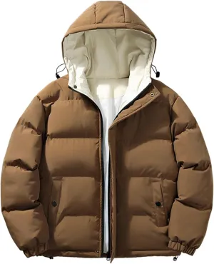 lcziwo Mens Winter Coat Color Block Drawstring Hooded Quilted Puffer Jacket Thick Padded Cotton Warm Parka Outerwear