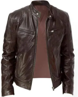 Leather Motorcycle Jacket Casual Solid Color Zipper Pocket Leather Jacket Coat Mens Winter Jackets Textile