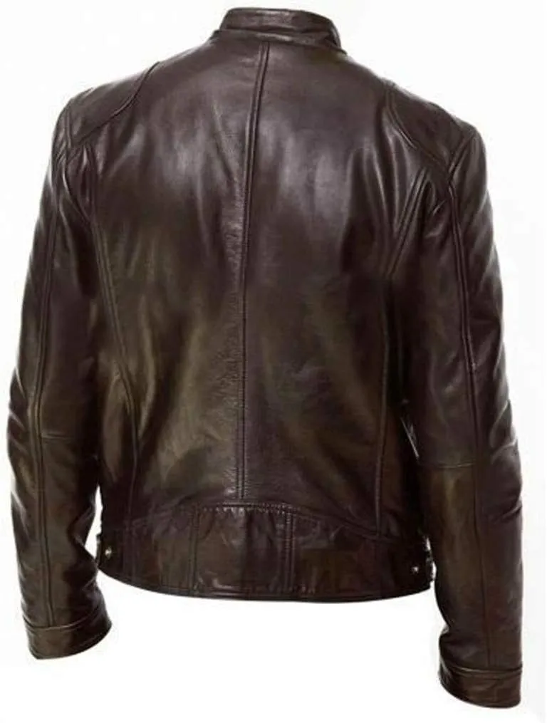 Leather Motorcycle Jacket Casual Solid Color Zipper Pocket Leather Jacket Coat Mens Winter Jackets Textile