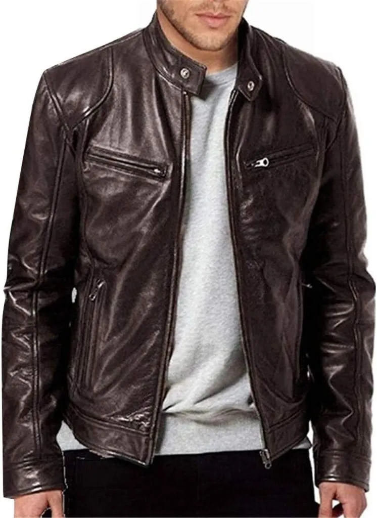 Leather Motorcycle Jacket Casual Solid Color Zipper Pocket Leather Jacket Coat Mens Winter Jackets Textile
