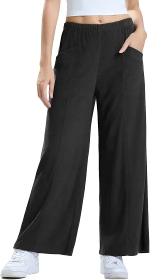 Les umes Womens Wide Leg Pants Elastic Waist Casual Slacks Trousers Loose Long Palazzo Pants with Pockets