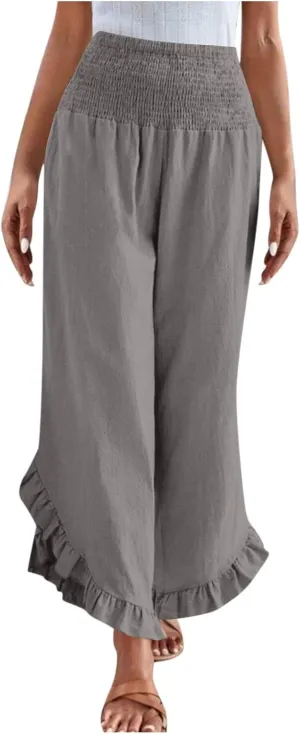 Linen Pants for Women Summer Wide Leg High Waisted Flowy Palazzo Casual Solid Smocked Beach Capri Trousers