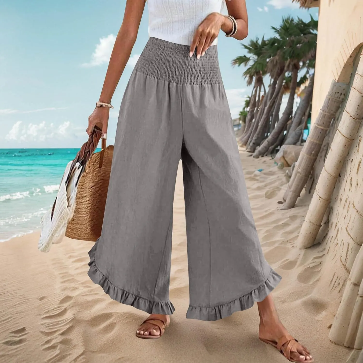 Linen Pants for Women Summer Wide Leg High Waisted Flowy Palazzo Casual Solid Smocked Beach Capri Trousers