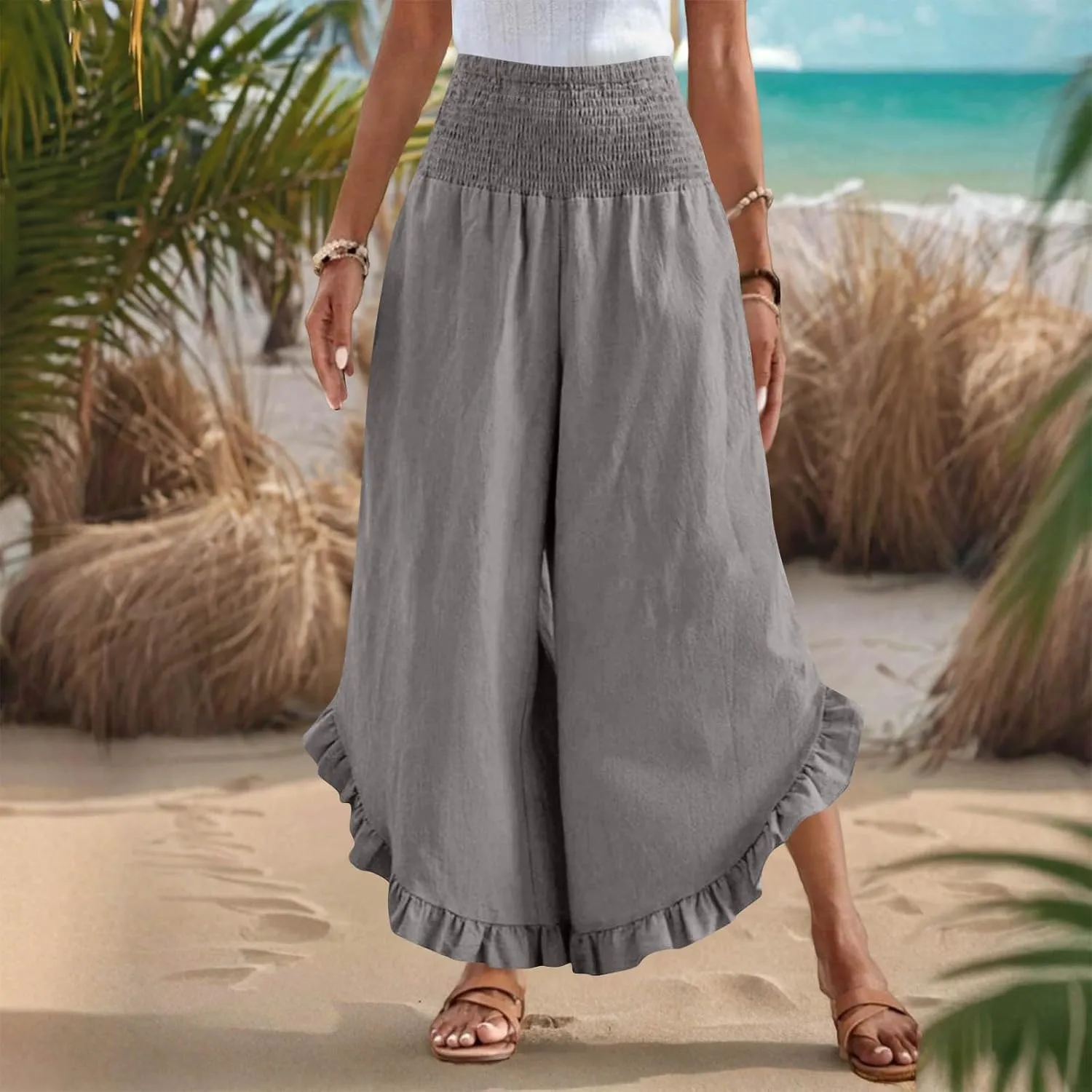 Linen Pants for Women Summer Wide Leg High Waisted Flowy Palazzo Casual Solid Smocked Beach Capri Trousers