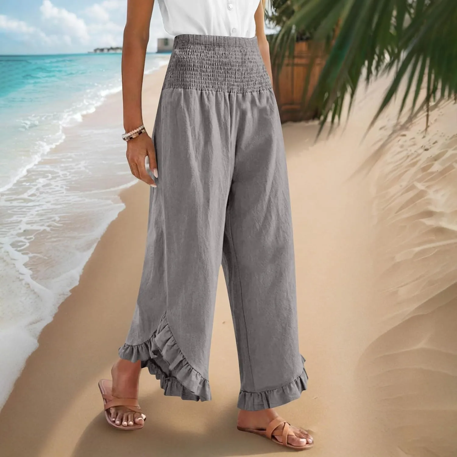 Linen Pants for Women Summer Wide Leg High Waisted Flowy Palazzo Casual Solid Smocked Beach Capri Trousers