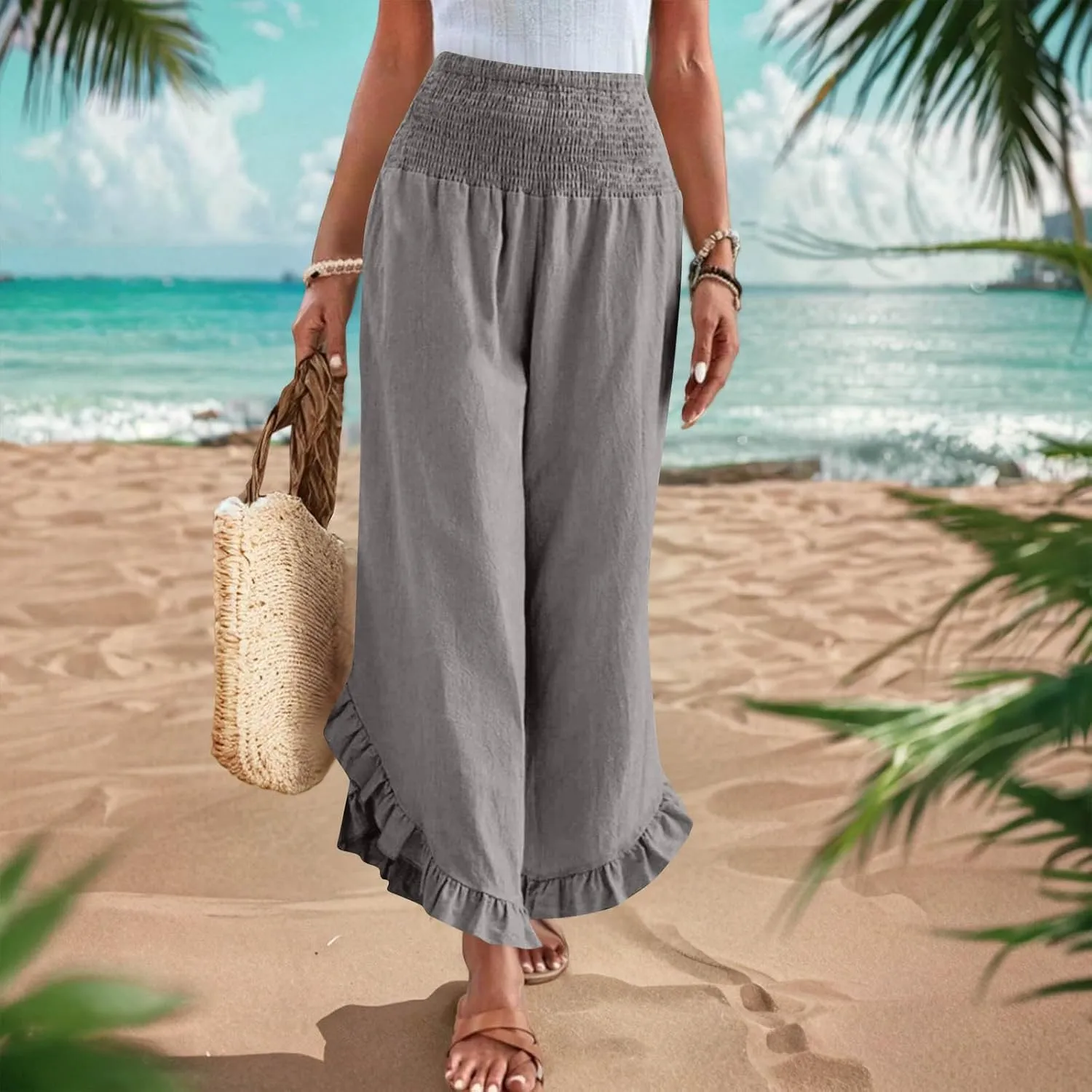 Linen Pants for Women Summer Wide Leg High Waisted Flowy Palazzo Casual Solid Smocked Beach Capri Trousers