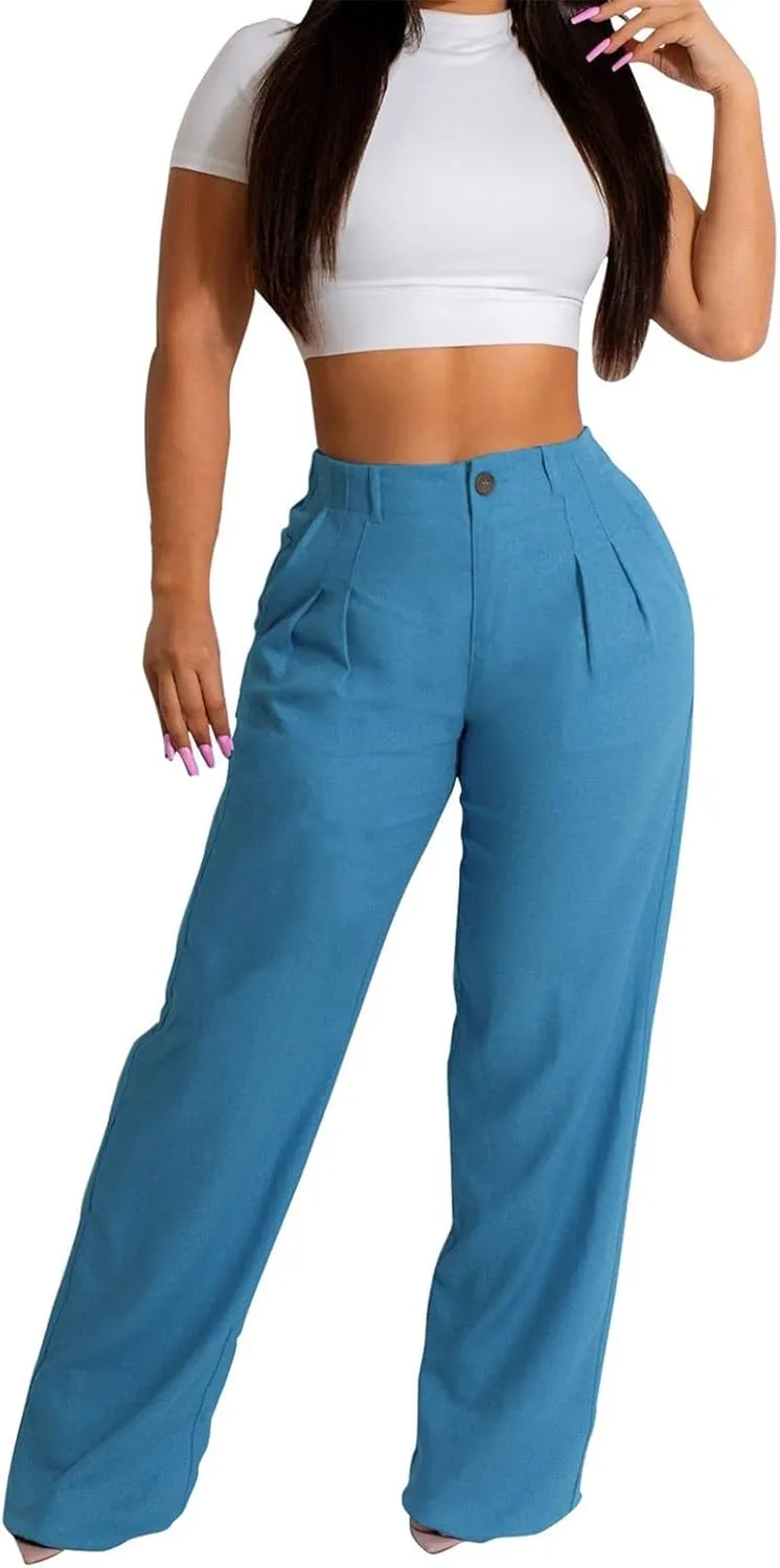 Linen Pants for Women Tall Summer Plus Size Linen Palazzo Pants High Rise Flowy Casual Beach Pants with Pockets