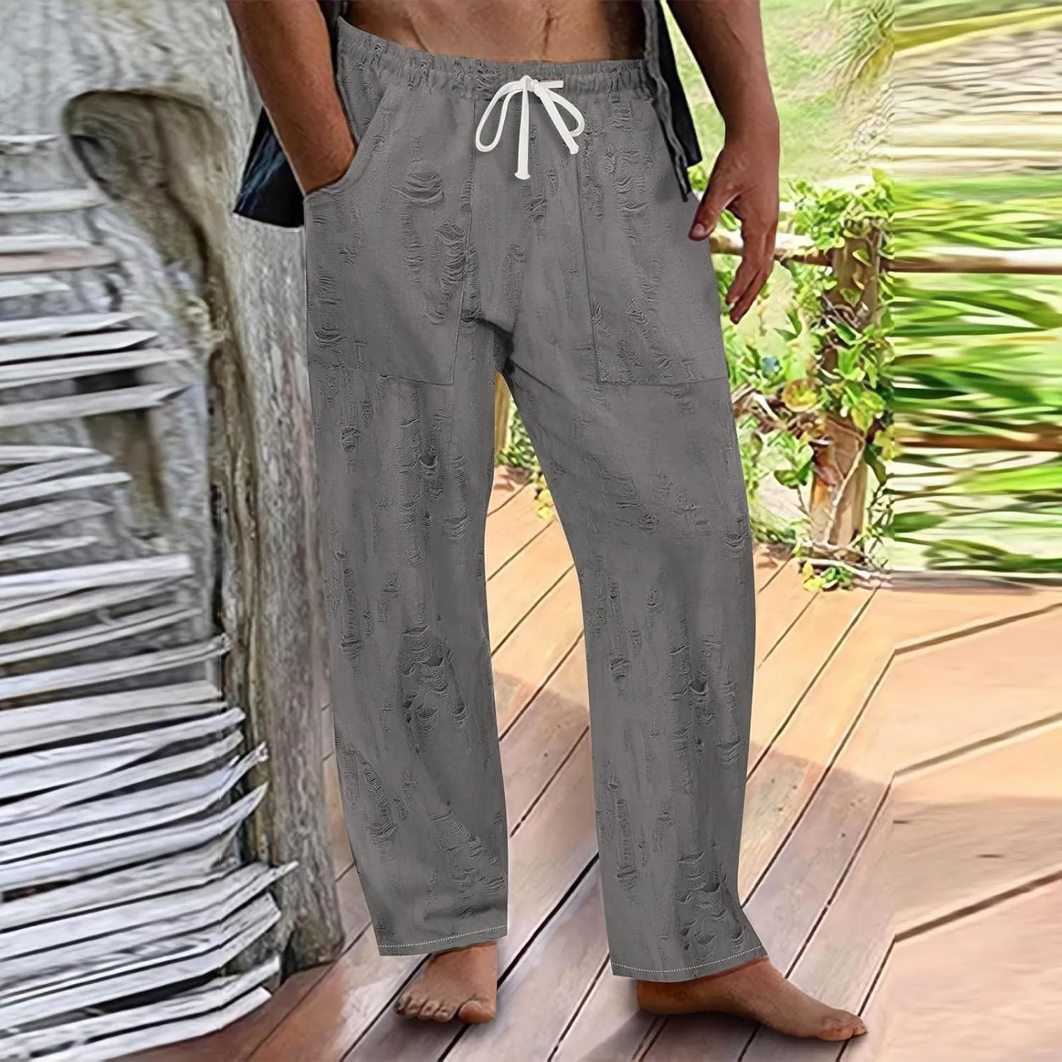 Linen Pants Men Casual Elastic Waist Drawstring Summer Trendy Jogger Pants Linen Yoga Beach Trousers with Pockets