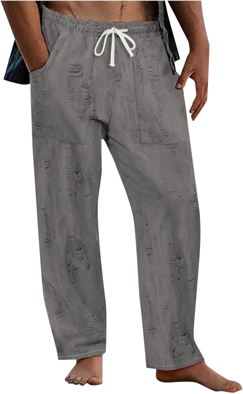 Linen Pants Men Casual Elastic Waist Drawstring Summer Trendy Jogger Pants Linen Yoga Beach Trousers with Pockets