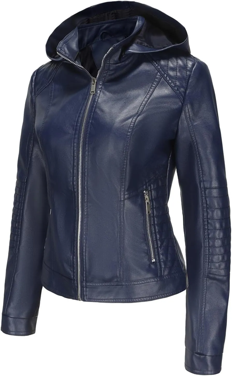 Lmdudan Faux Leather Jacket Women Motorcycle Coat for Biker with Removable Hood Plus Size Zip Up Long Sleeve Outwear Tops