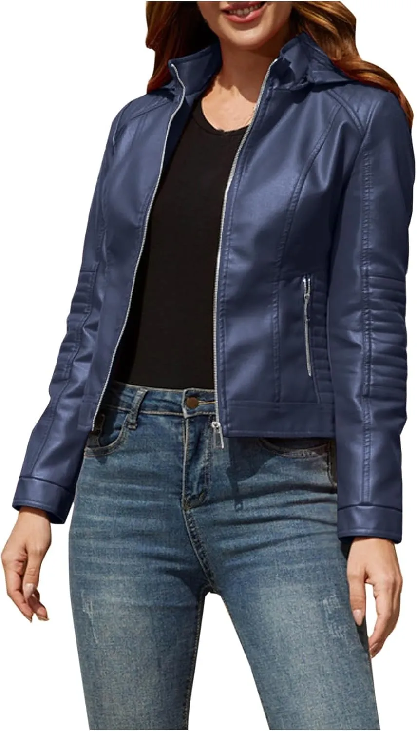 Lmdudan Faux Leather Jacket Women Motorcycle Coat for Biker with Removable Hood Plus Size Zip Up Long Sleeve Outwear Tops