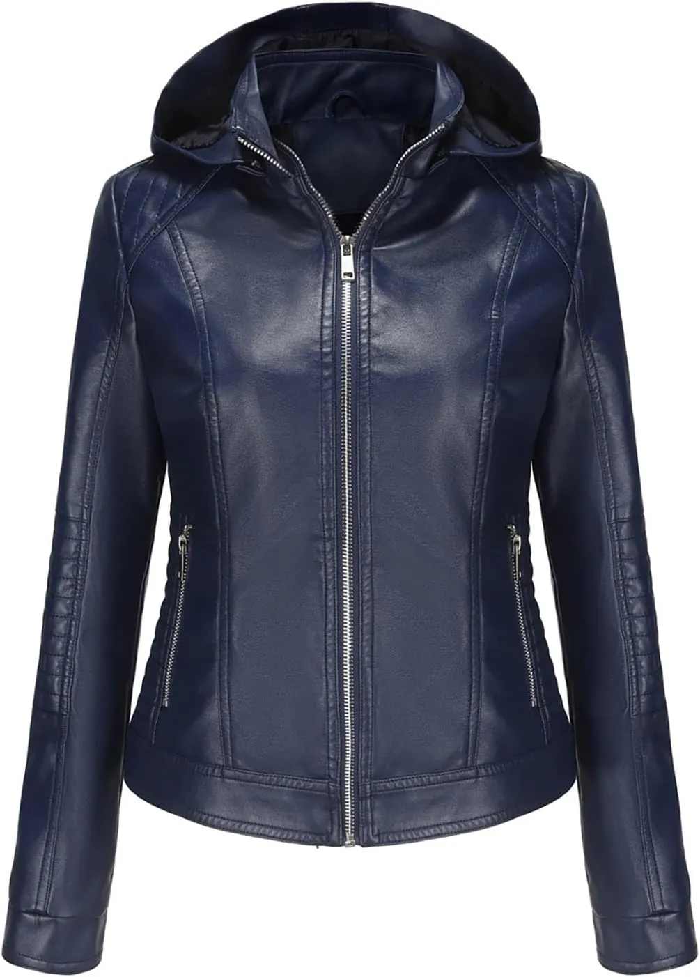 Lmdudan Faux Leather Jacket Women Motorcycle Coat for Biker with Removable Hood Plus Size Zip Up Long Sleeve Outwear Tops