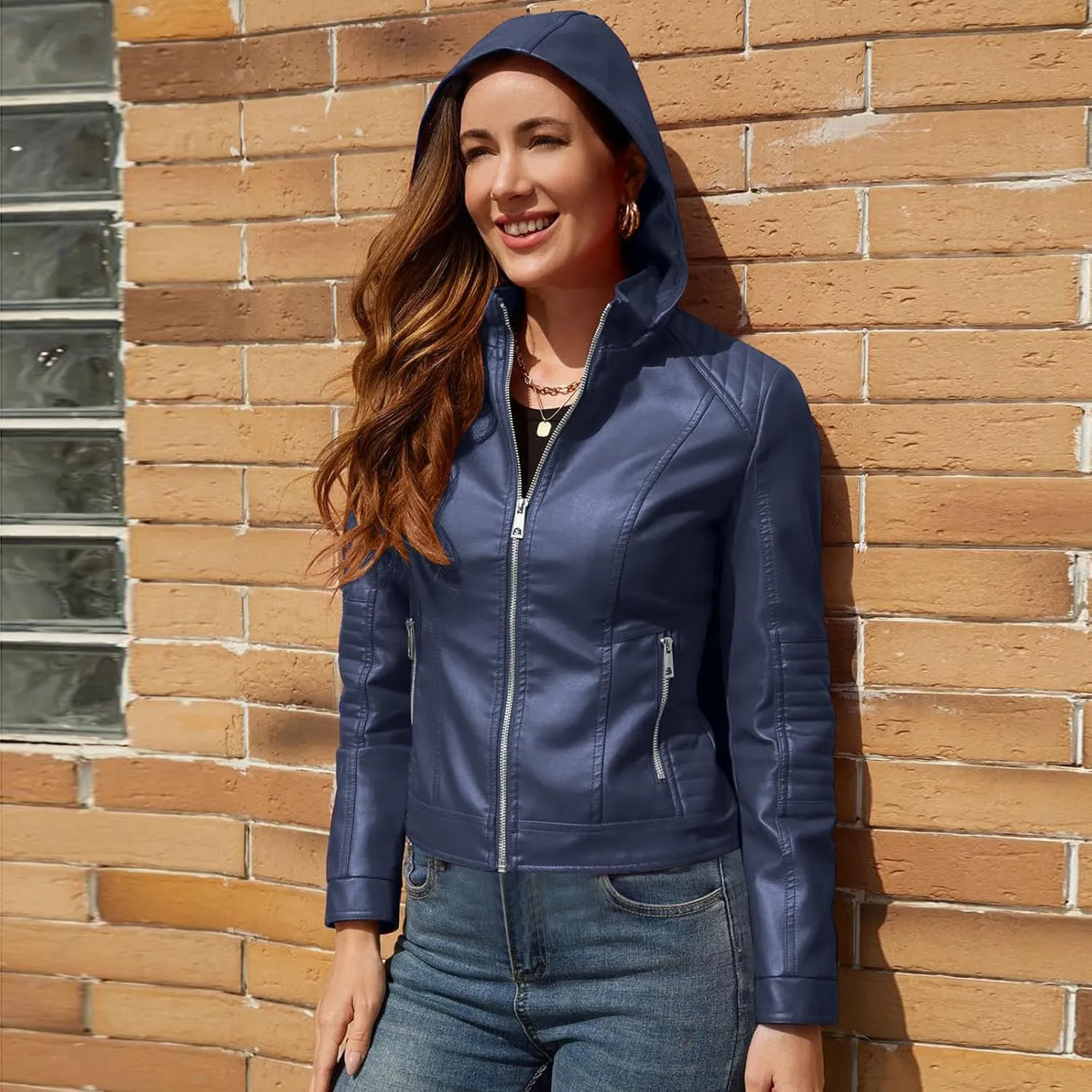 Lmdudan Faux Leather Jacket Women Motorcycle Coat for Biker with Removable Hood Plus Size Zip Up Long Sleeve Outwear Tops