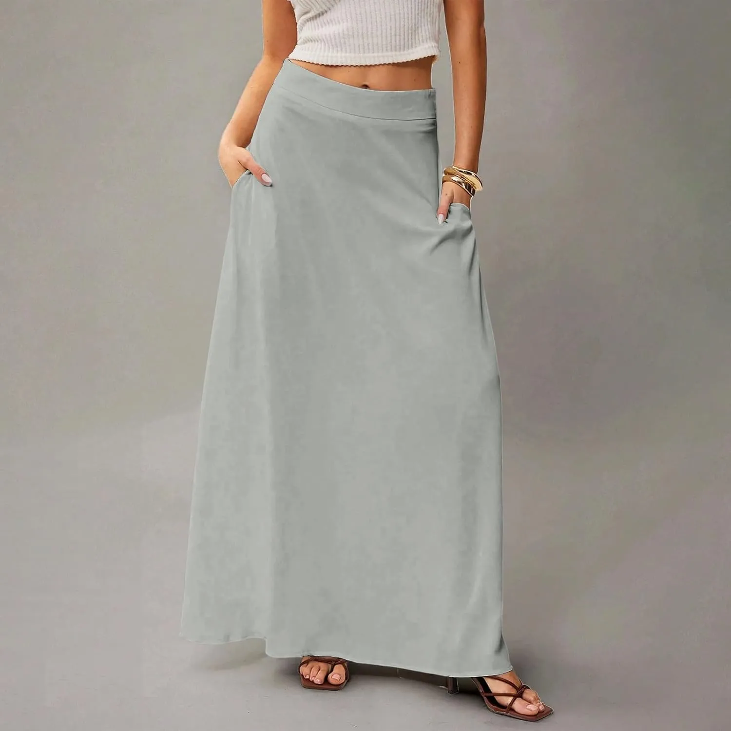 Long Skirts for Women Floral Boho High Waisted Maxi Skirts with Pockets Flowy Beach Vacation Casual A Line Skirt