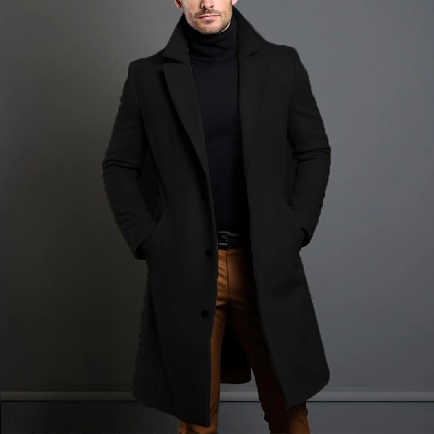 Long Trench Coat Men Fall Winter Single Breasted Wool Blend Coats Overcoat Thermal Business Peacoat Jacket Warm Soft
