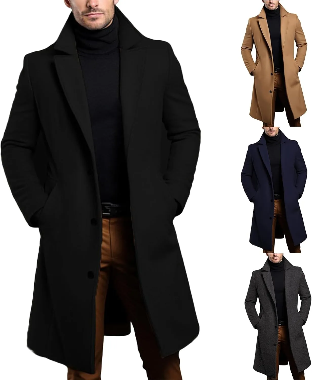 Long Trench Coat Men Fall Winter Single Breasted Wool Blend Coats Overcoat Thermal Business Peacoat Jacket Warm Soft