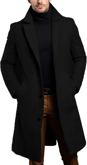 Long Trench Coat Men Fall Winter Single Breasted Wool Blend Coats Overcoat Thermal Business Peacoat Jacket Warm Soft