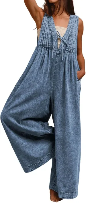 loveimgs Women Flowy Sleeveless Jean Jumpsuit Wide Leg Overalls Baggy Pleated Ruffle Tank Romper Summer Y2k 2025 Pocket