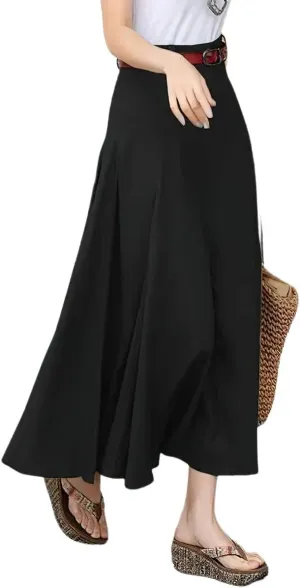 loveimgs Women's Casual High Waist Pleated A Line Long Skirt Flowy Swing Midi Skirt with Side Zipper