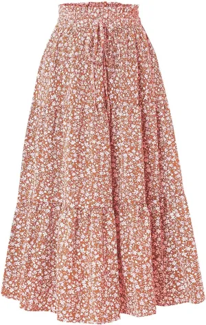 Maxi Skirt for Women Boho Long Beach Skirts Summer Spring Floral High Waisted Elastic Tiered Swing Skirt