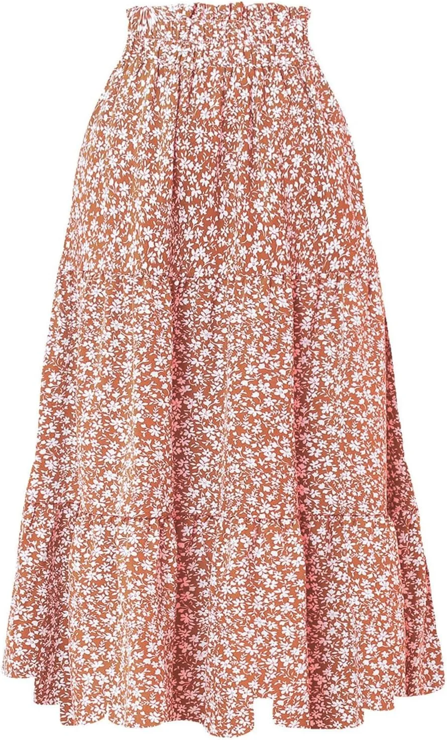 Maxi Skirt for Women Boho Long Beach Skirts Summer Spring Floral High Waisted Elastic Tiered Swing Skirt
