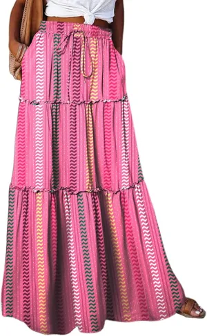 Maxi Skirts for Women 2025 Floral Beach Tiered Boho Skirt Drawstring Flowy Long Skirt Casual High Waisted Skirts