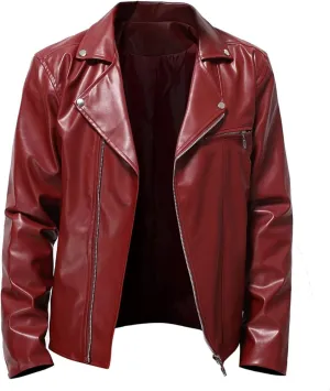 Men Faux Leather Jacket Vintage Asymmetric Zip Biker Jackets Fall Winter Lightweight Coat Long Sleeve Outerwear