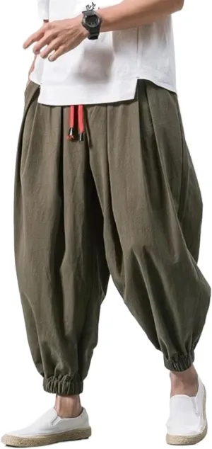 Men Harem Pants Loose Chinese Style Cotton Linen Sweatpants Joggers Casual Trousers Men