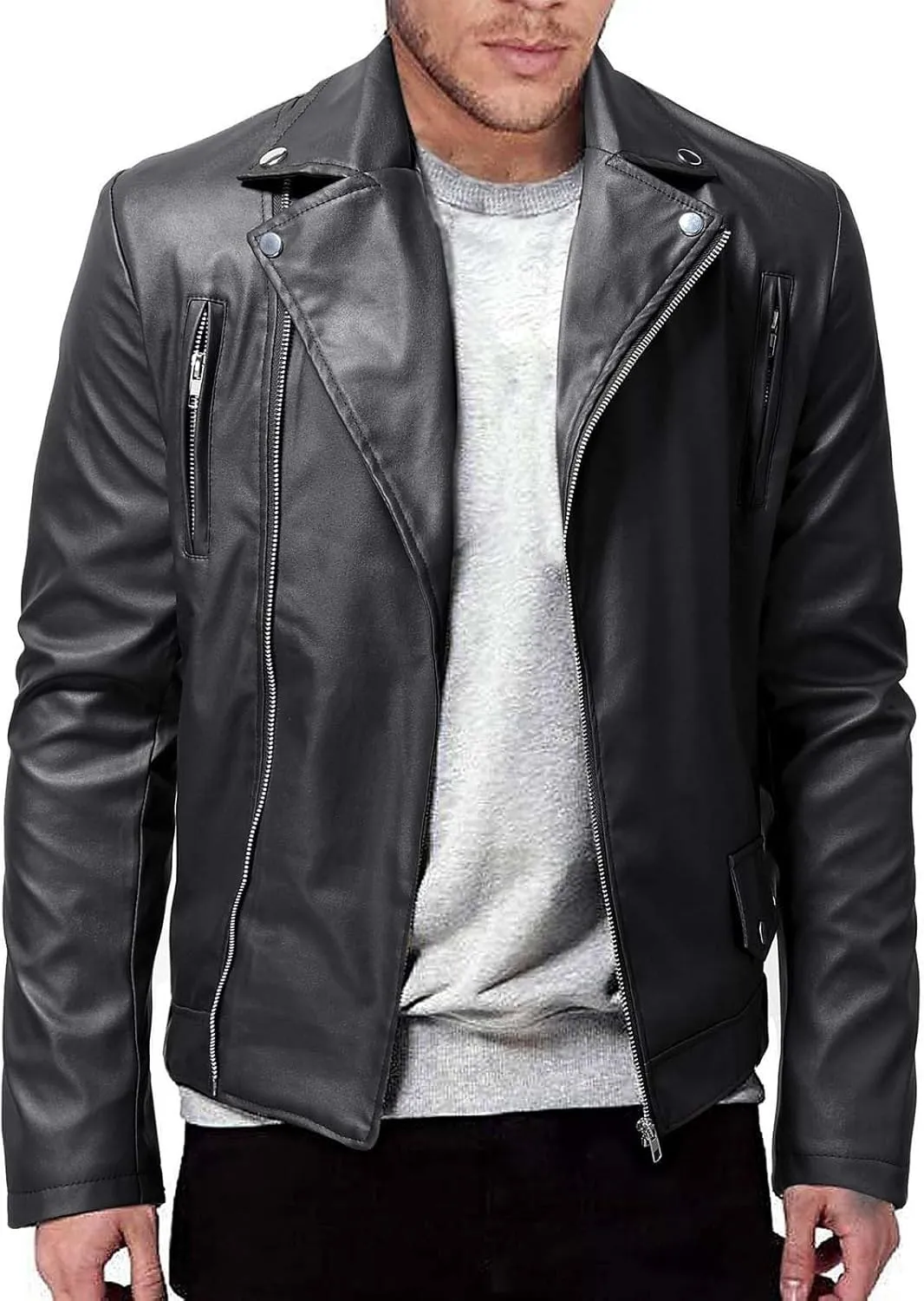 Men Leather Jacket Casual Solid Coat Simple Sports Zipper Coat Jacket Motorcycle Lightweight Faux Leather Outwear