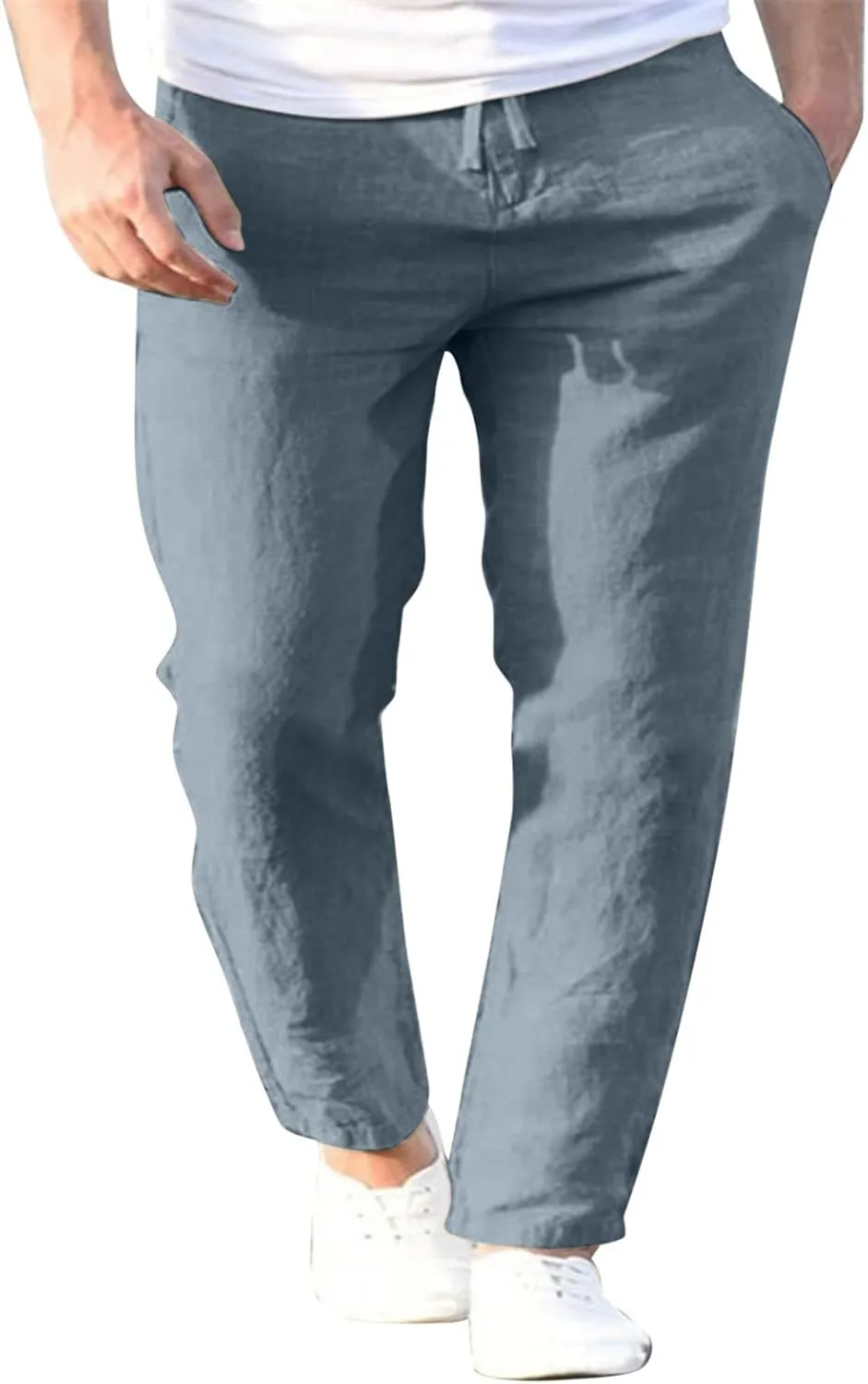 Men Linen Pants Lightweight Casual Relaxed Fit Elastic Waist Breathable Wide Leg Baggy Joggers Trousers