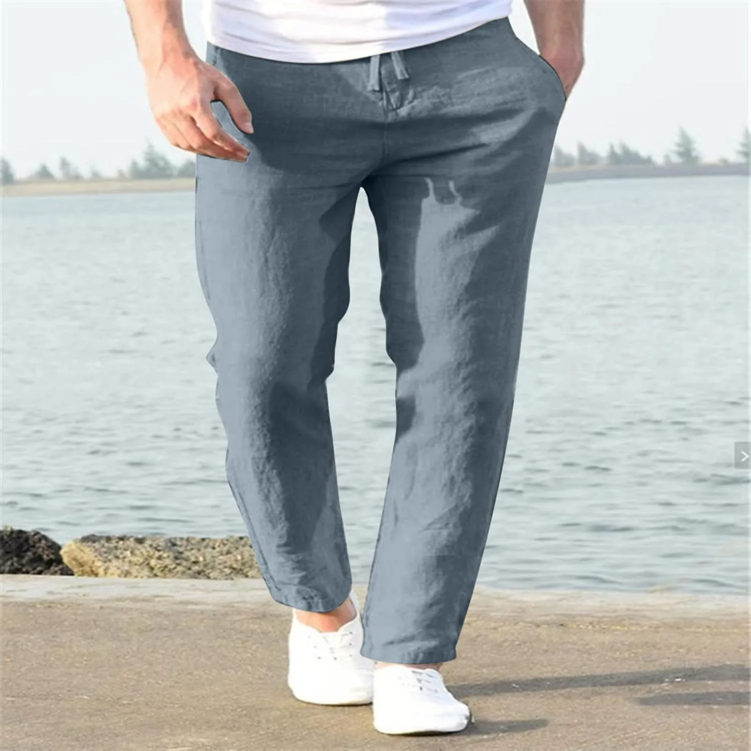 Men Linen Pants Lightweight Casual Relaxed Fit Elastic Waist Breathable Wide Leg Baggy Joggers Trousers
