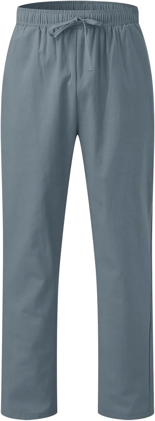 Men Linen Pants Lightweight Casual Relaxed Fit Elastic Waist Breathable Wide Leg Baggy Joggers Trousers