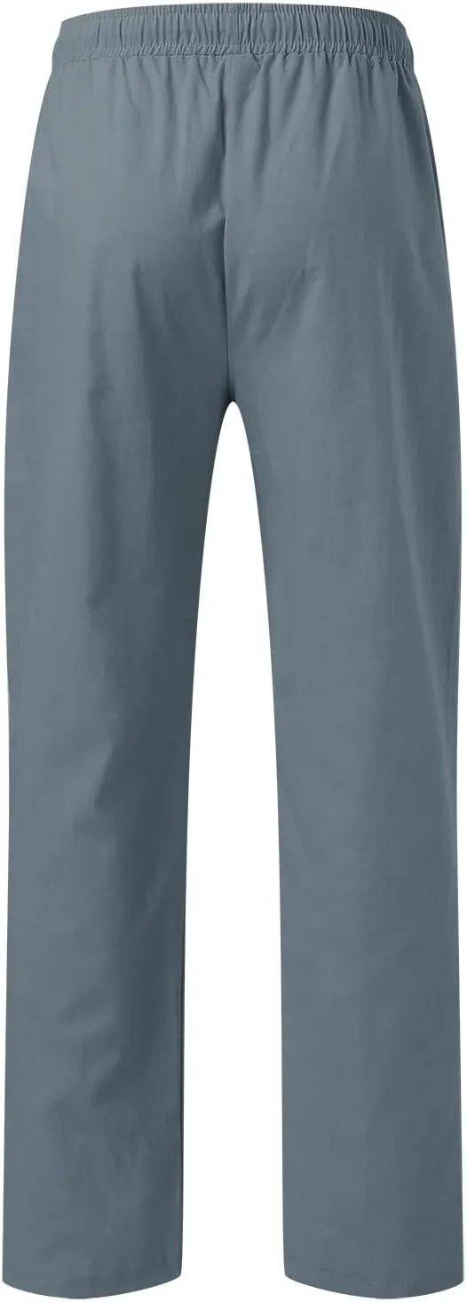 Men Linen Pants Lightweight Casual Relaxed Fit Elastic Waist Breathable Wide Leg Baggy Joggers Trousers