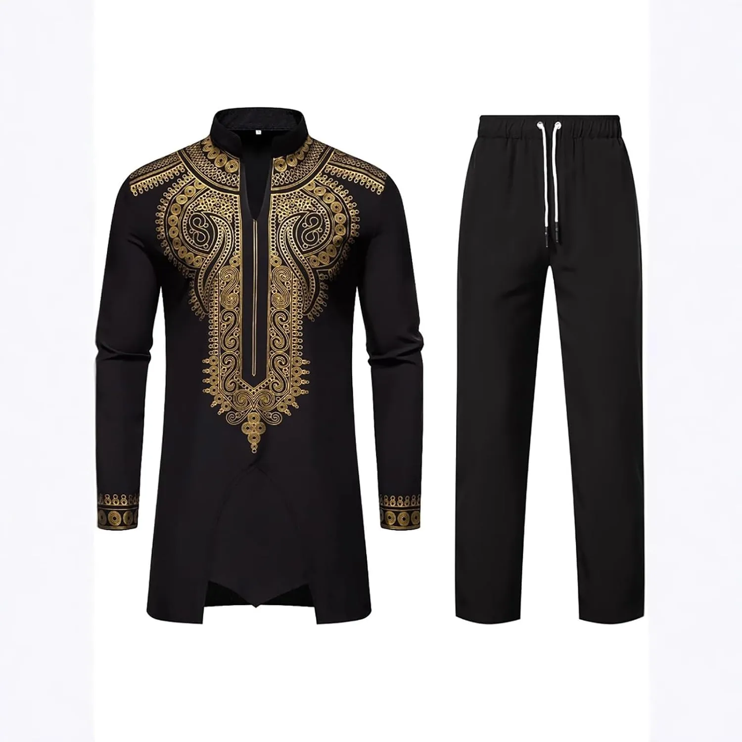 Men's Africa Suit Retro Long Sleeve Graphic Musilm Thobe and Pants Outfit Middle East Islamic Traditional 2 Piece Set