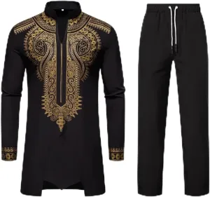 Men's Africa Suit Retro Long Sleeve Graphic Musilm Thobe and Pants Outfit Middle East Islamic Traditional 2 Piece Set