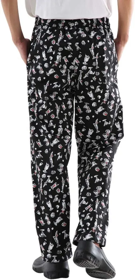 Mens and Women's Baggy Printed Chef Pants Kitchen Uniforms with Elastic Waist Floral Restaurant Work Pants